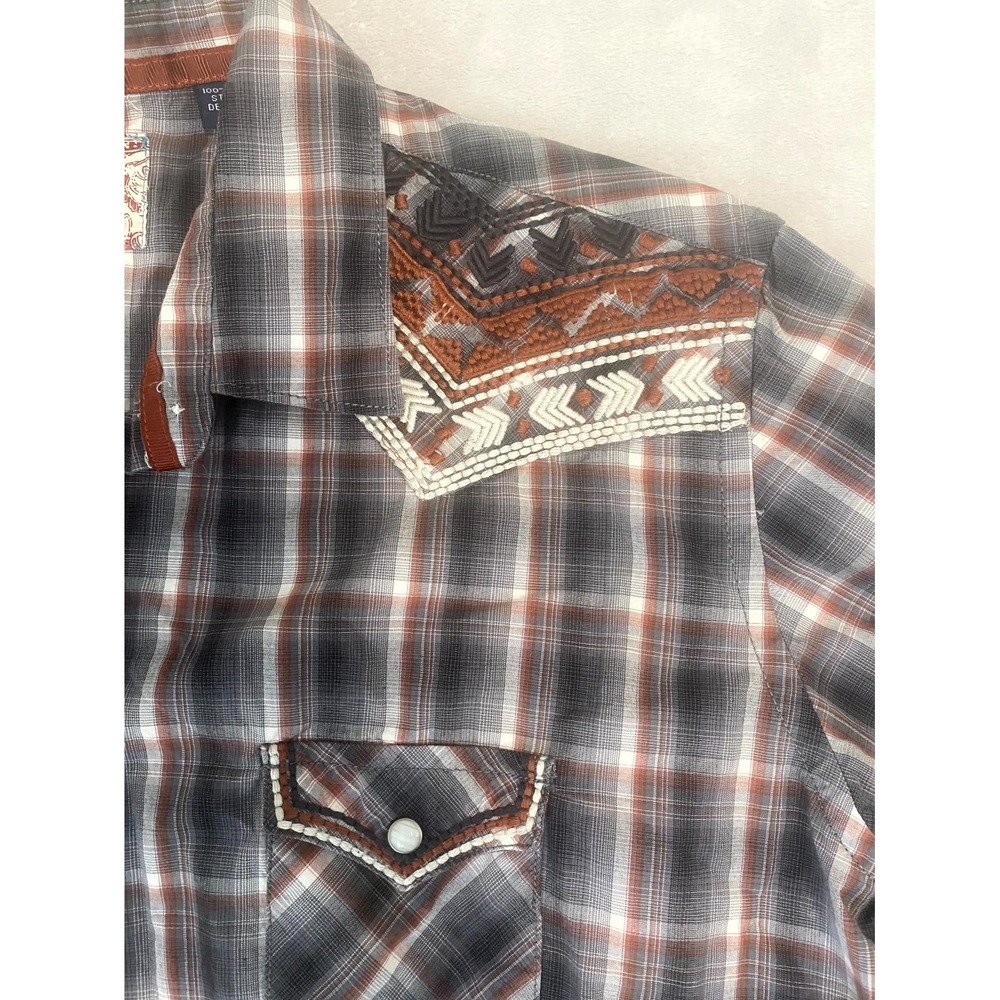 Panhandle Roughstock Western Shirt Women XL Gray Plaid Cotton Pockets Pearl Snap